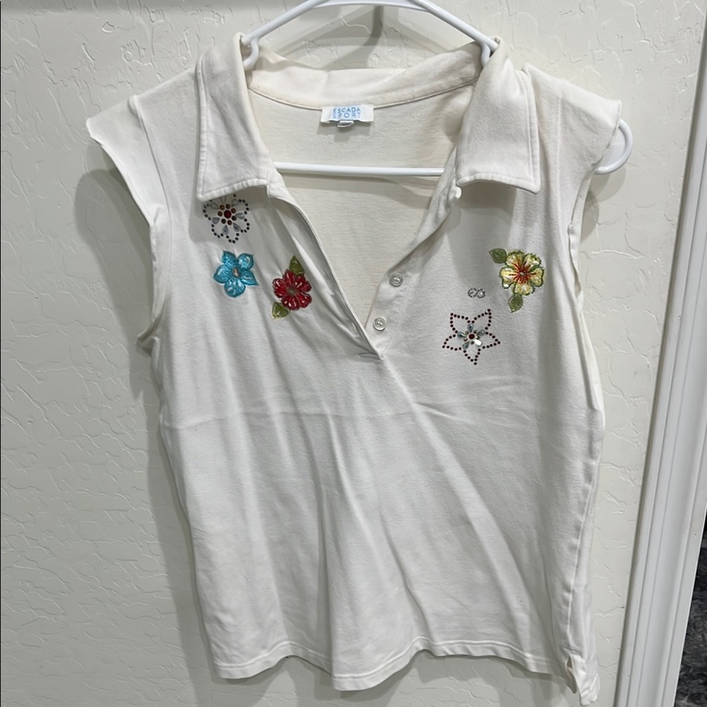 Escada White Sleeveless Asymmetrical Polo Blouse